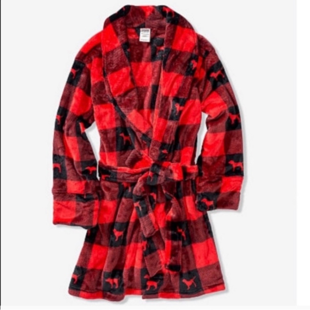 Victoria's Secret Pink dog red and black plaid robe